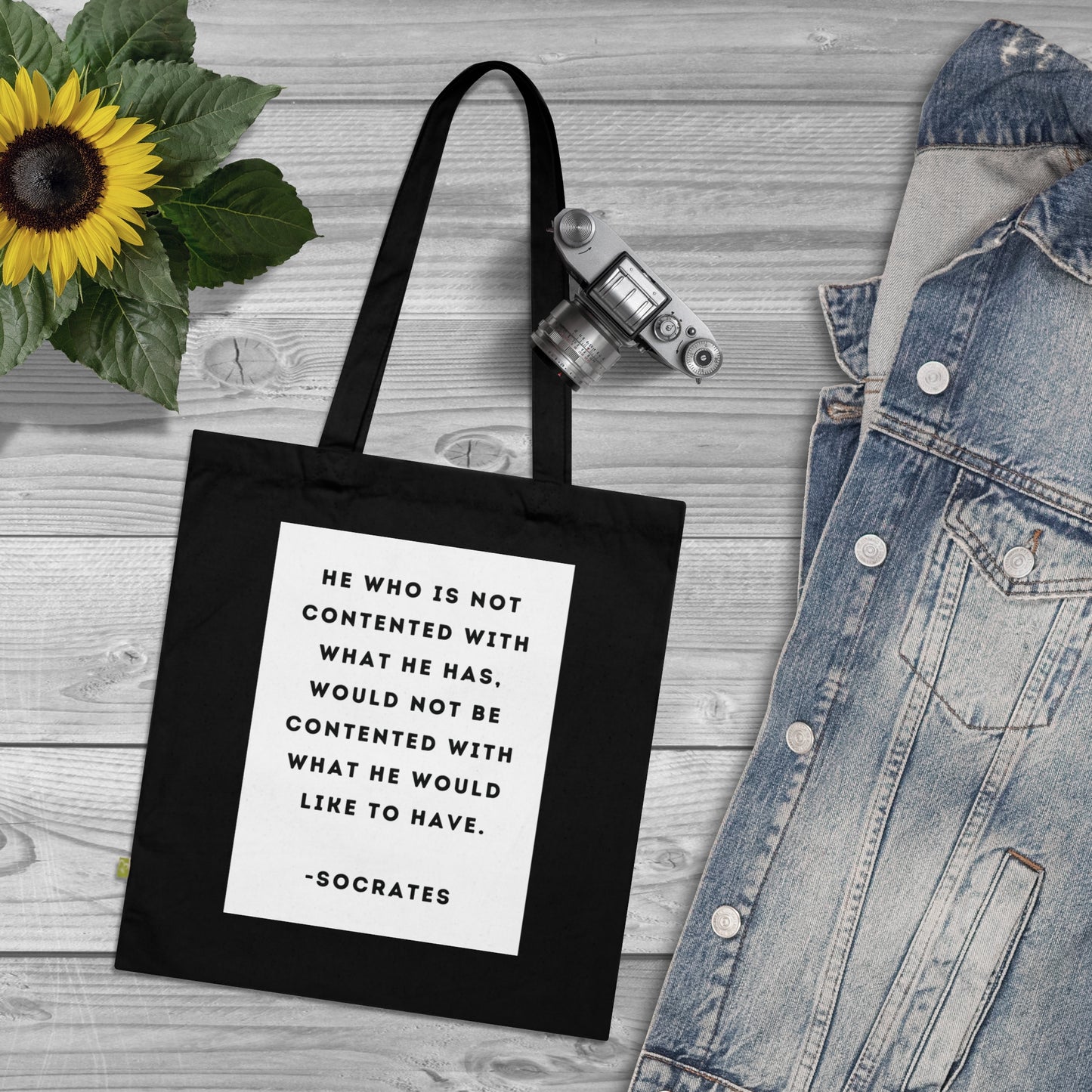 Socrates - Contentment - Black Organic Canvas Tote Bag for the Revolution