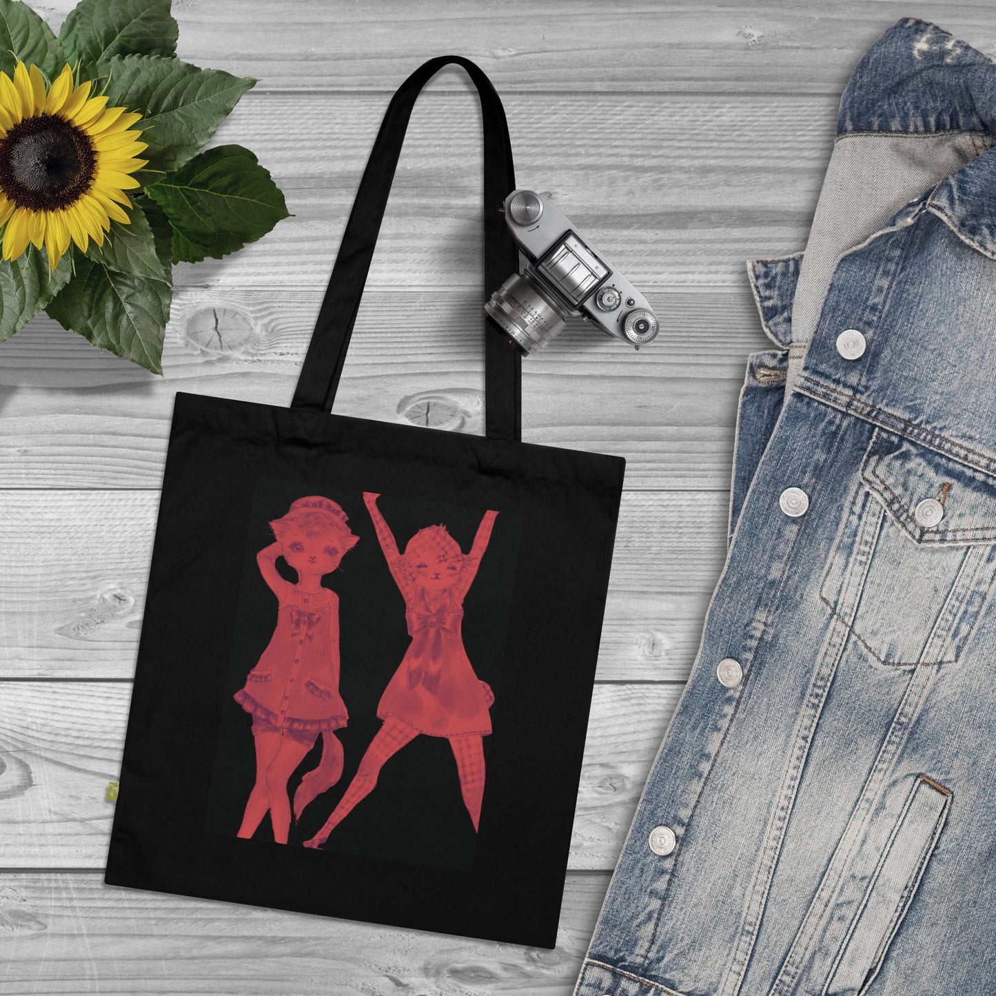 Vermillion Shimmy Kitties —> Black Organic Canvas Tote Bag for the Revolution